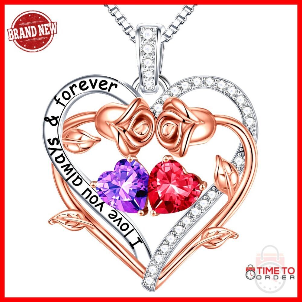Sterling Silver Double Heart Birthstone Necklace Gift for Women